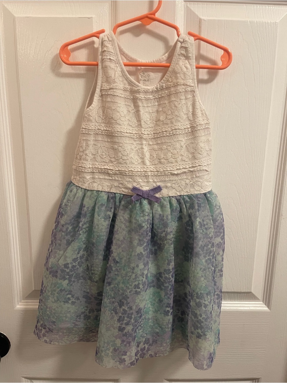 Girls' Cream Lace Top Floral Skirt Dress with Purple Bow